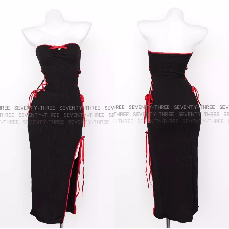

Sexy Tight Split Lacing Strapless Long Hollow Dark Dress Anime Witch Uniform Cosplay Costume Cat Girl Nightdress Elegant Outfits