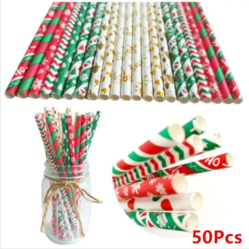 

50/25pcs Christmas Paper Straws Snowflake Drinking Straw Christmas Decorations for Home 2022 Navidad 2023New Year Party Noel