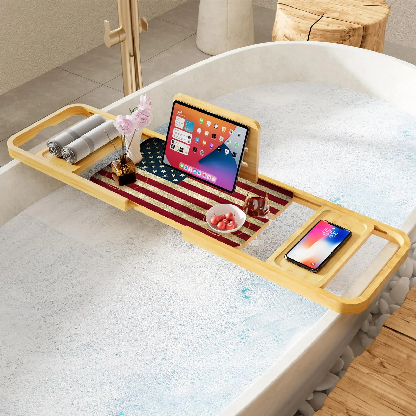 Premium Bathtub Tray Caddy-Expandable Bath Caddy Tray-Adjustable Bamboo Bath Tub Table Unique House Warming Gifts Ne