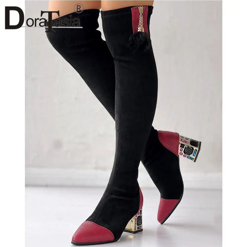 Brand New Ladies Pointed Toe Thigh High Boots Fashion Patchwork Chunky Heel women's Over The Knee Boots Casual Party Woman Shoes