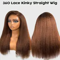 Perruque Lace Frontale 360 Full Lace sans colle en cheveux humains, marron chocolat, avec bords crépus 4C et texture crépue droite, à sangle invisible 3