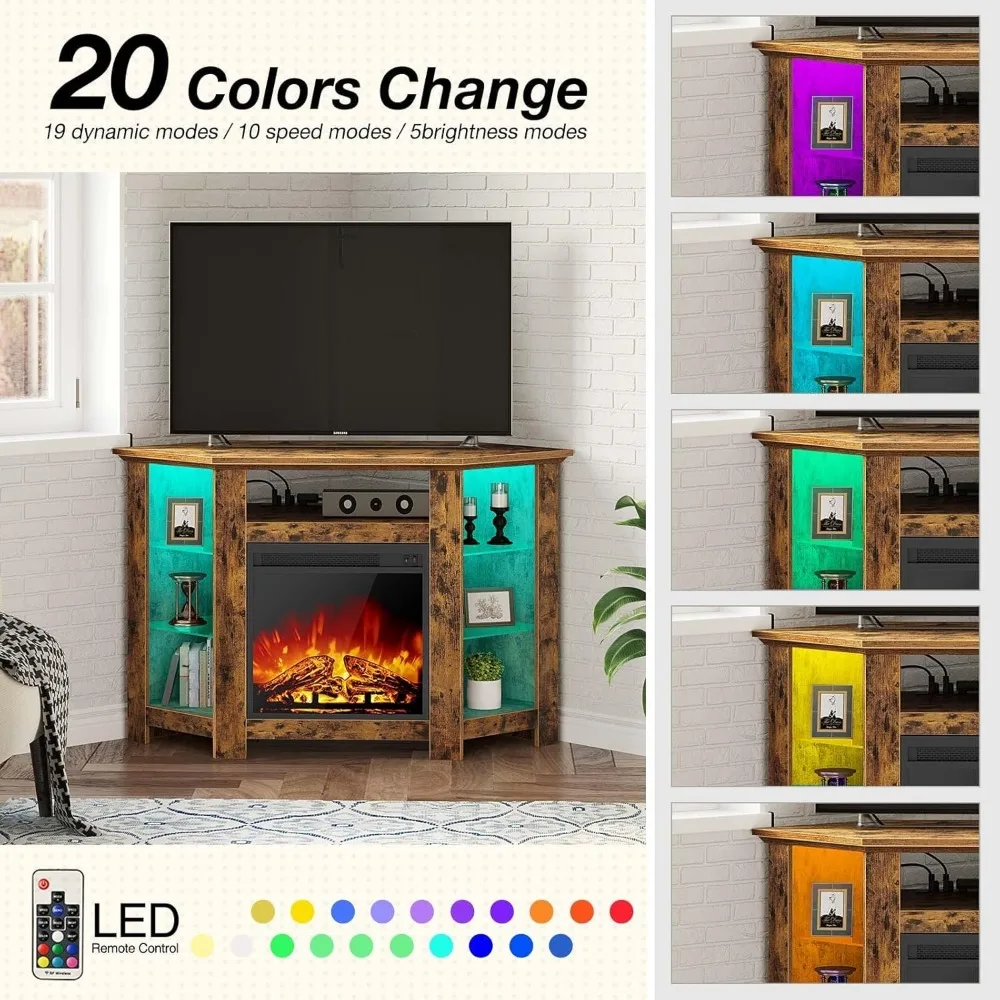 Fireplace Corner TV Stand, 47 Inch TV Stand with Power Outlets and LED Lights, Rustic TV Console, Entertainment Center Living 3