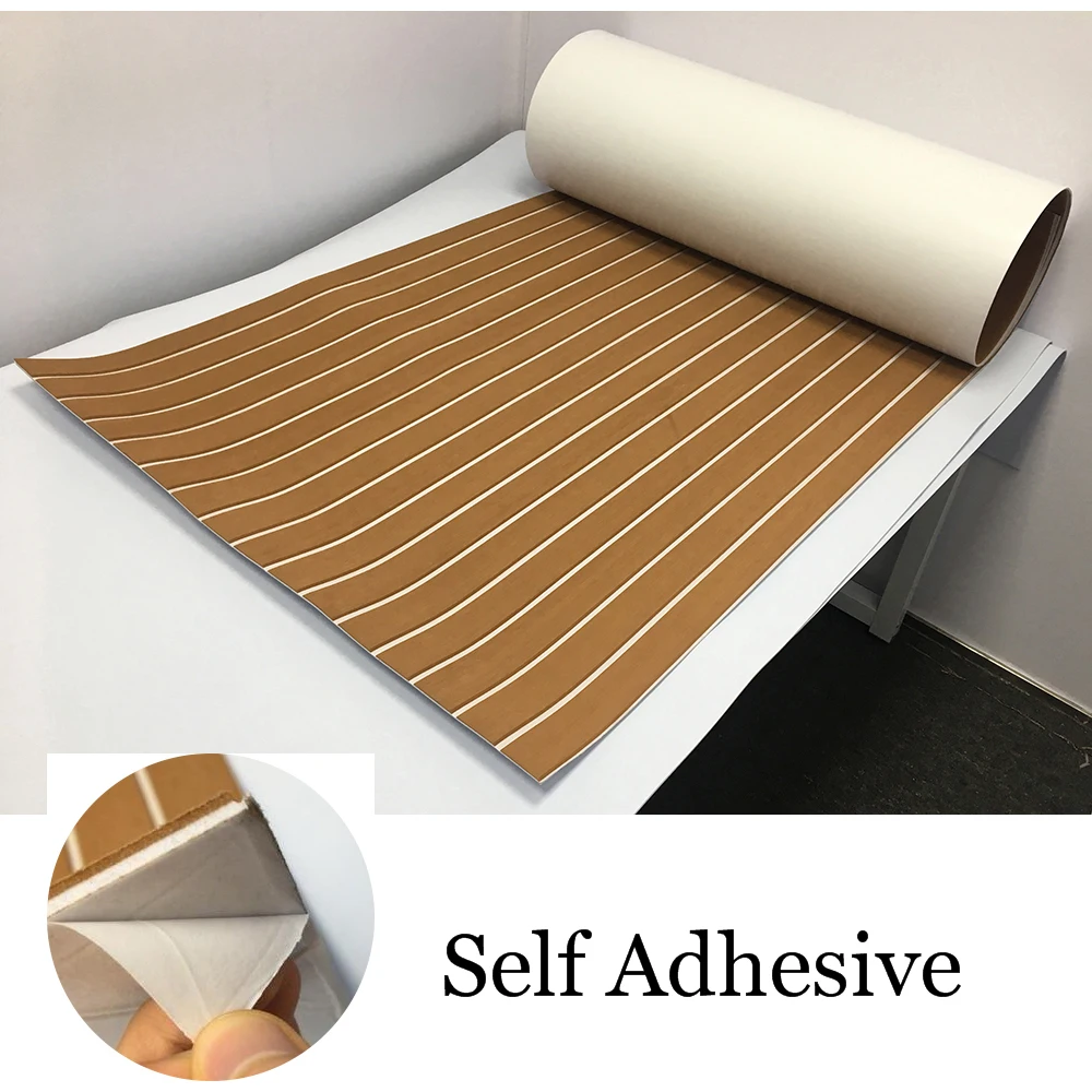 

35.4"X94.5" EVA Foam Teak Sheet Marine Flooring Yacht Synthetic Boat Decking Self-Adhesive Pad Brwon With White Stripes