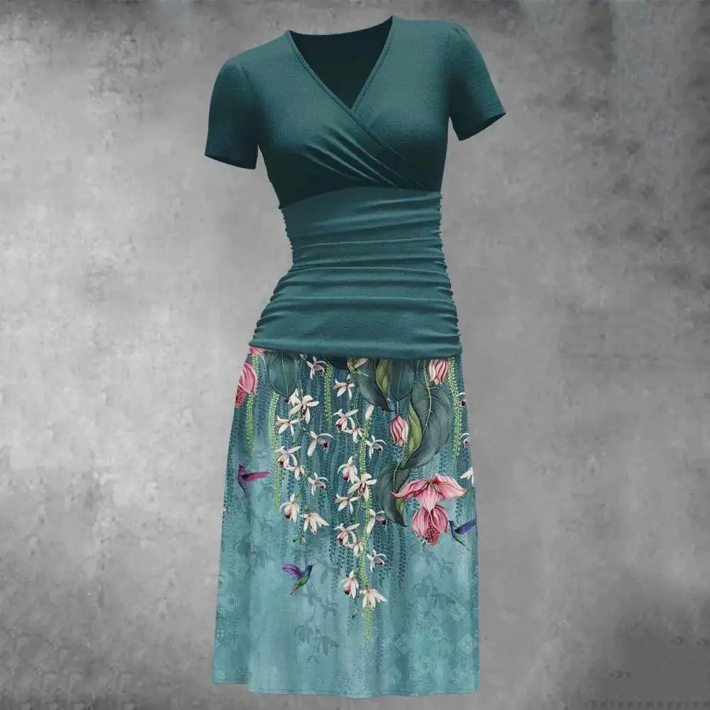 

Женское винтажное платье с цветочным принтом, ТРАПЕЦИЕВИДНОЕ платье миди с коротким рукавом и плиссировкой на талии, летняя одежда