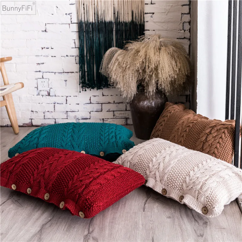 

Cover Cushion Solid Red Peacock Knit Coffee Ivory Cushion Case Soft For Sofa Bed Living Room Decorative 35x65cm Button Open
