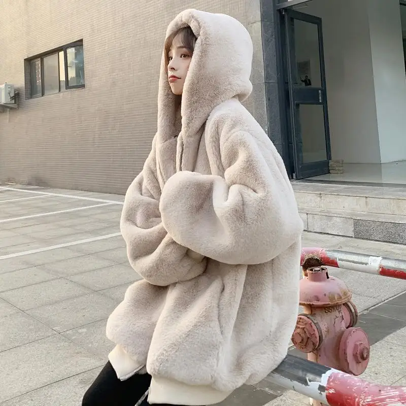 

Plush jacket women winter imitation Rex rabbit fur grass mid-length large size loose thick hooded women jacket 2023 hot sale