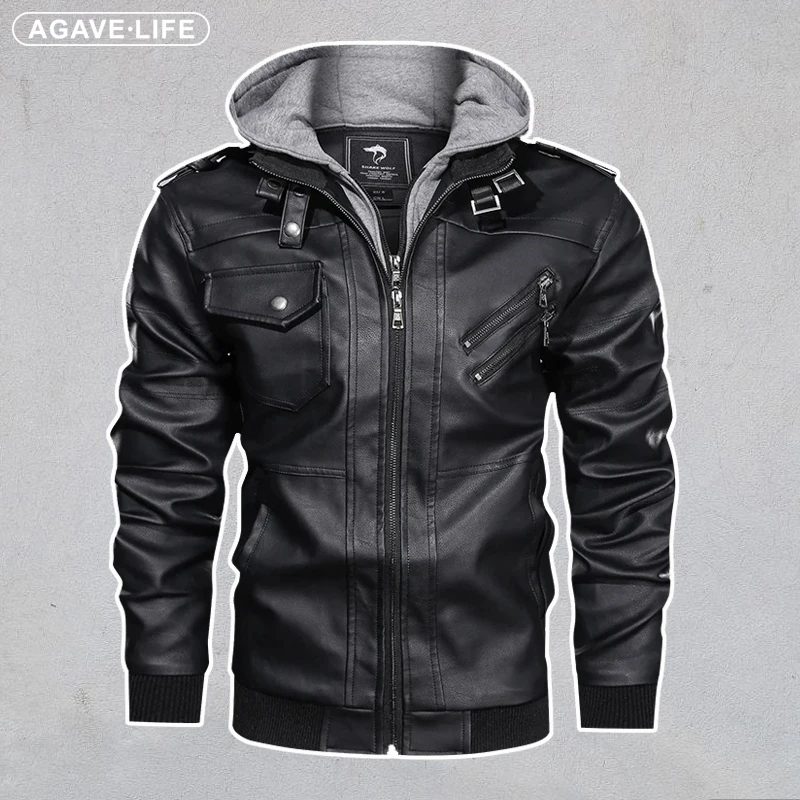 

Leather Jackets Men's Detachable Hooded PU Leather Jacket Multi-pocket Winter Men Solid Color Zipper Cardigan Loose Leather Coat