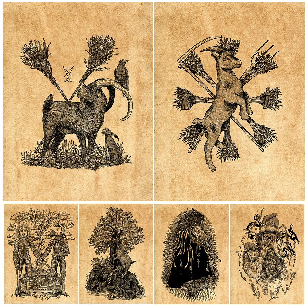 

Black Goat,Rabbit,Crow,Toad,Witchcraft & Magic Creature Wall Art Canvas Painting Abstract Wicca Element Art Poster Print Decor