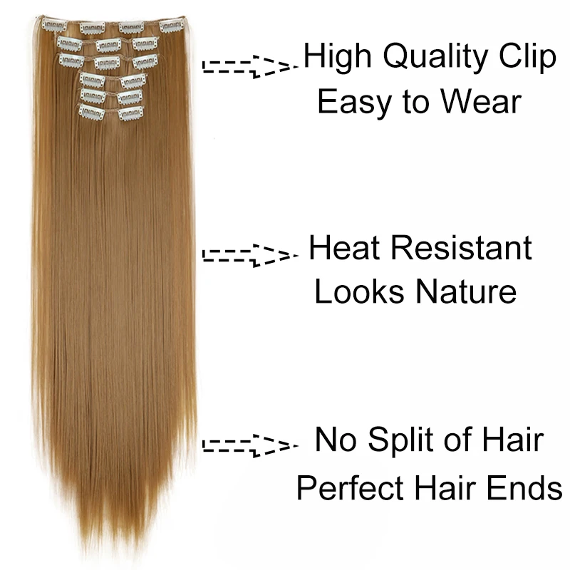 Hair Extensions 6Pcs/Set 16 Clips Synthetic 24Inch Hair Extension Black Blonde Long Straight Hairpiece Heat Resistant Fiber For Women Hairstyle