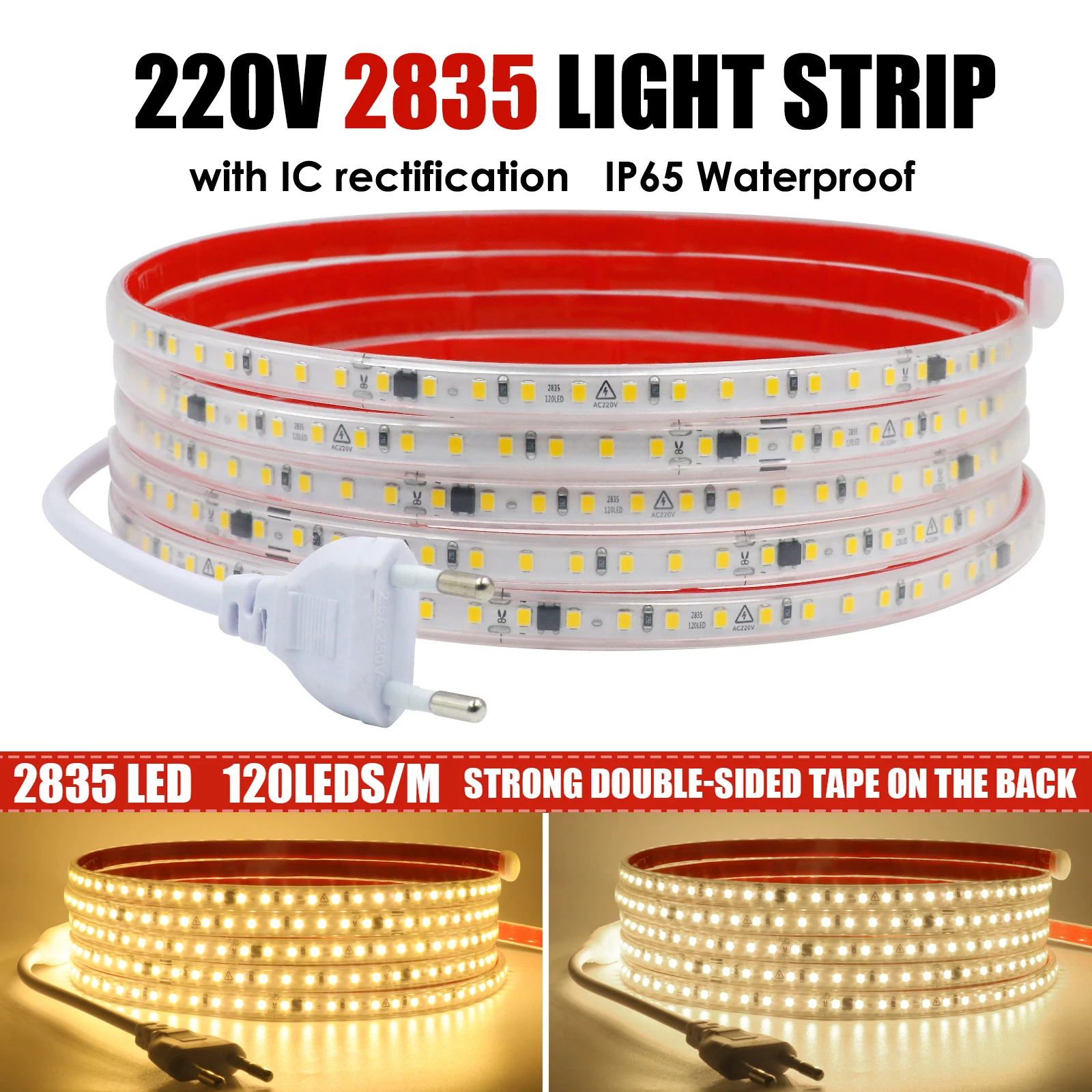 220 V LED-Streifenlichter 2835 IP65 wasserdicht 3000 K 4000 K 6000 K selbstklebendes LED-Lichtband 120 LEDs/M Zuhause flexibles Band für Garten – Detail 1