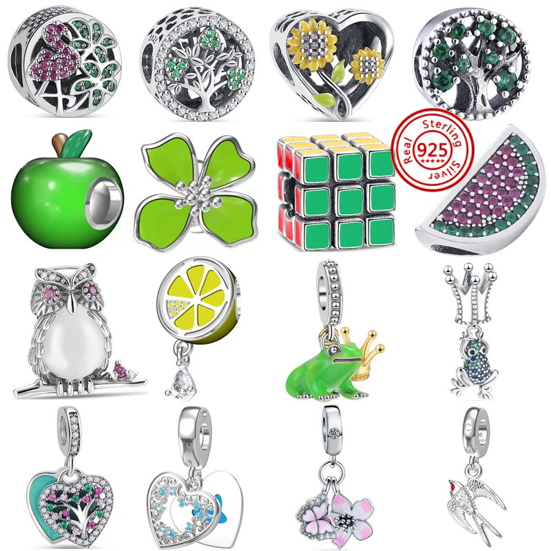 

925 Sterling Silver Green Flower Apple Tree Sunflower Crown Frog Pink Butterfly Fine Beads Fit Original Pandora Charms Bracelets