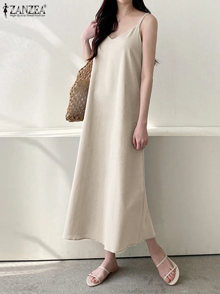 

ZANZEA Summer Korean Fashion Strap Dress Woman Casual Sleeveless Tank Dresses Female V-Neck Solid Color Vestidos Oversized 2023