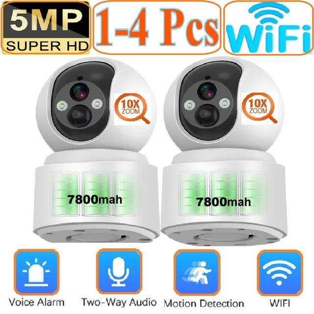 10X Zoom WiFi Camera 5MP Baby Monitoring 1-4Pcs Home Security Built-in Battery PTZ Optical CCTV Auto Tracking Surveillance IP Ca 1