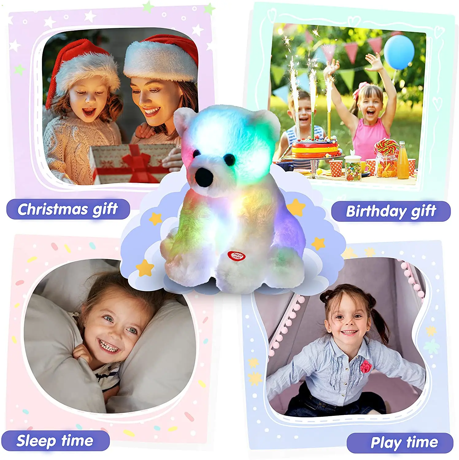 25cm LED Stuffed Animals Plush Floppy Toy Cute Polar Bear Dolls Glowing Gift for Kids Christmas Birthday Festival Occasions