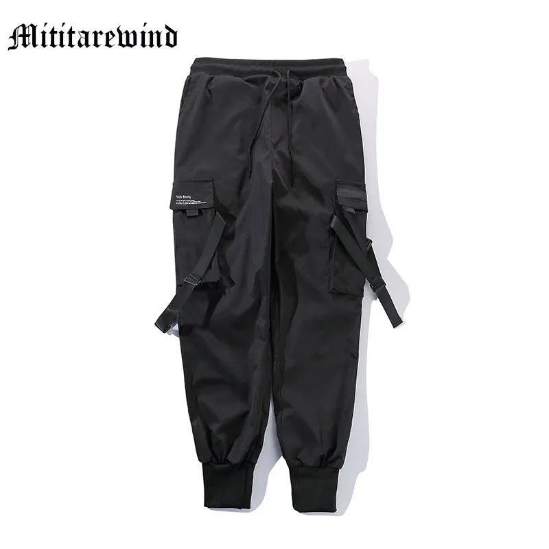 

Hip Hop Multi-porkets Ankle Tied Men Cargo Pants High Street Sportwear Streetwer Loose Baggy Solid Four Seasons Casual Trousers