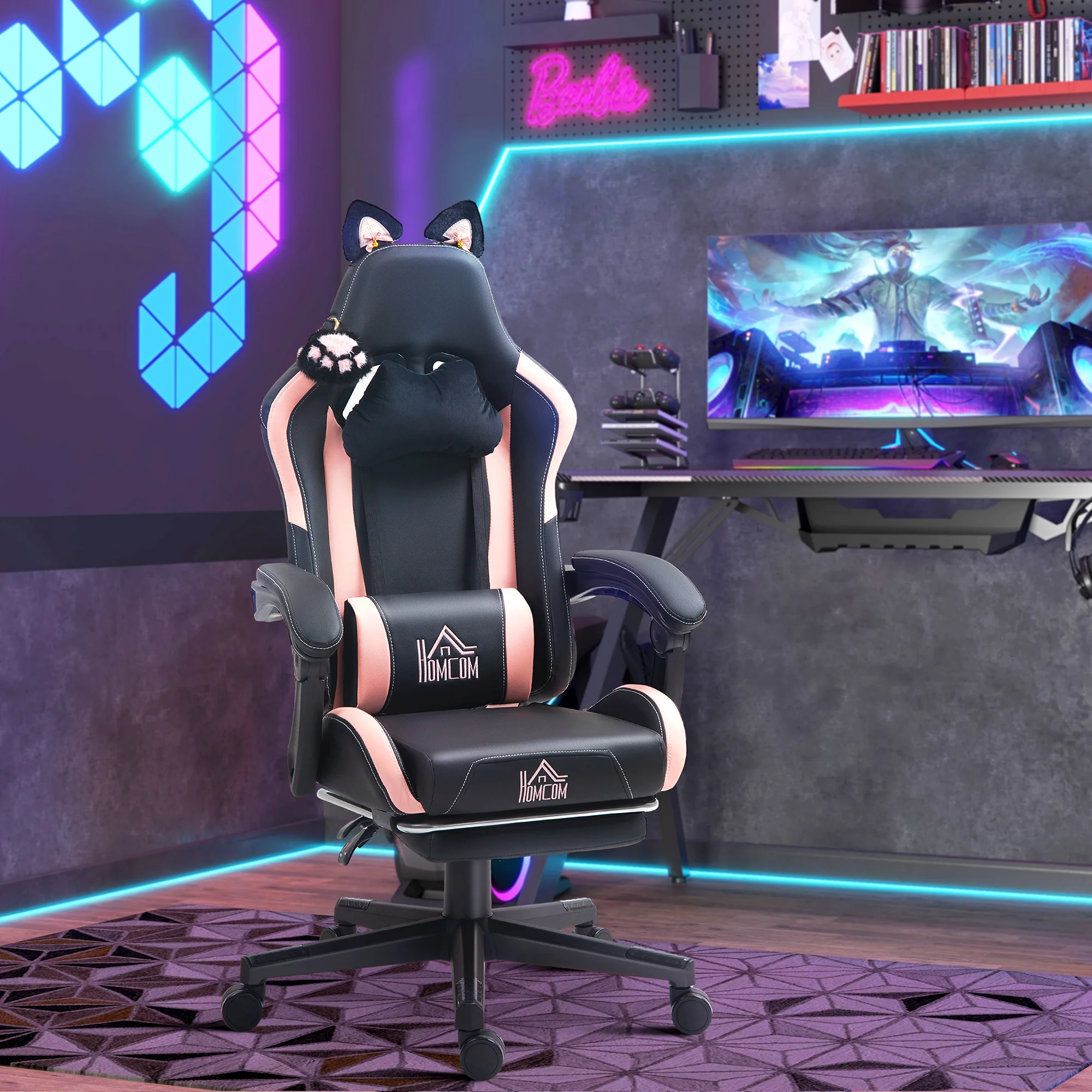 Cute Racing Gamer Chair, Faux Leather Gaming Chair with Footrest, Headrest and Lumbar Support, Black 3
