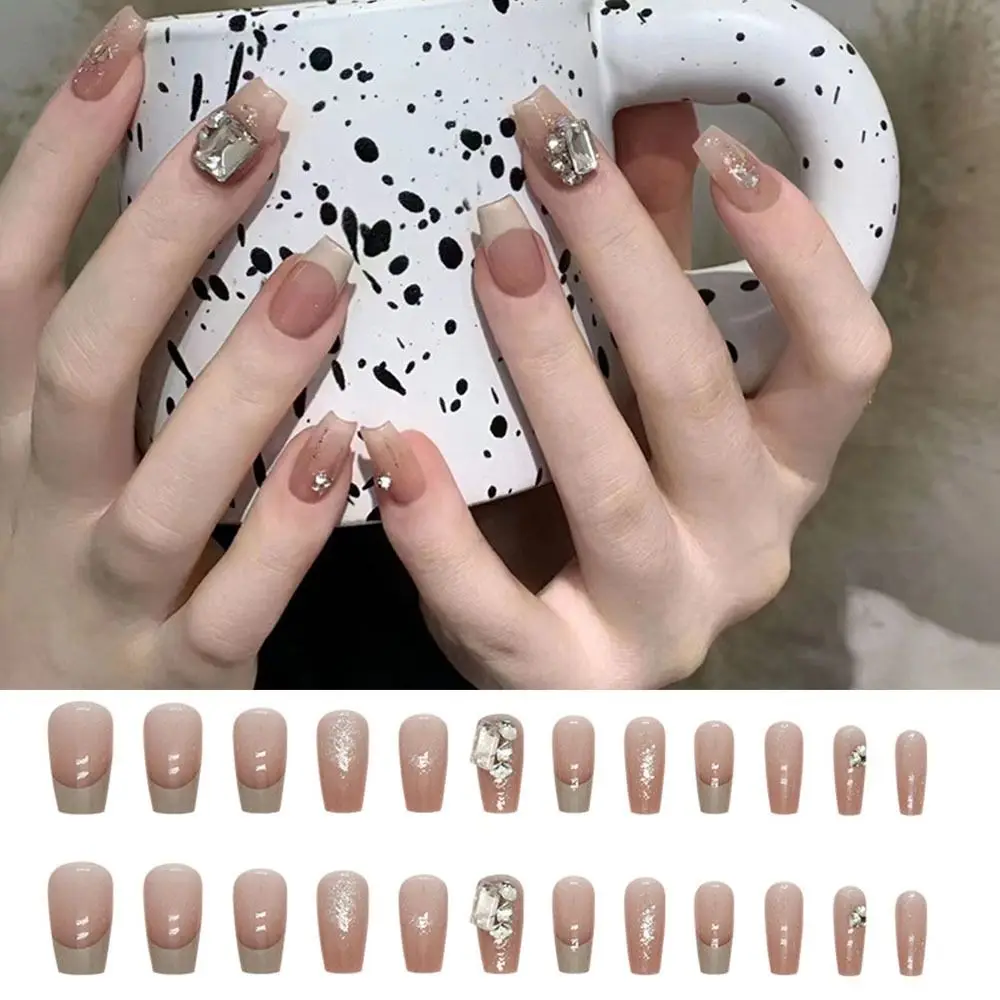 

Long Ballerina False Nails New Shining Square Crystal Press on Nails French Detachable Nail Tips DIY