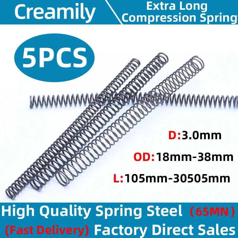 Creamily 5PCS Wire Diameter 3mm 65Mn Black Spring Steel Compression Spring Extended Extra Long Pressure Spring Length 100-305mm