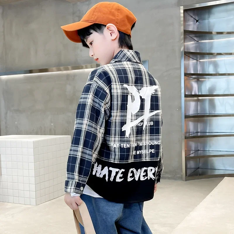 Spring Shirt for Boys Spring Autumn Patterned Plaid Shirt Handsome Boy's Clothing Big Kids Fashionable Checkered