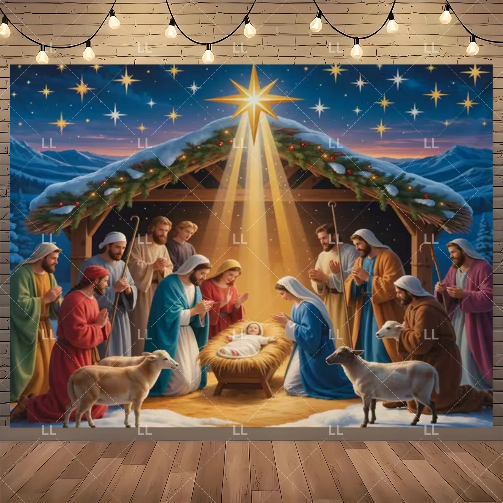 Starry Night Nativity Scene Backdrop - Traditional Christmas Party Decor and Photo Prop