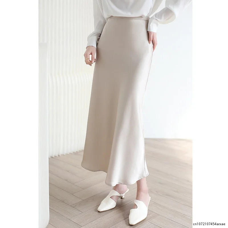 White Satin Skirt Midi Satin 2023 Office Women Formal Occasion Dresses High Quality Prom Party Silk Mermaid Maxi Dress