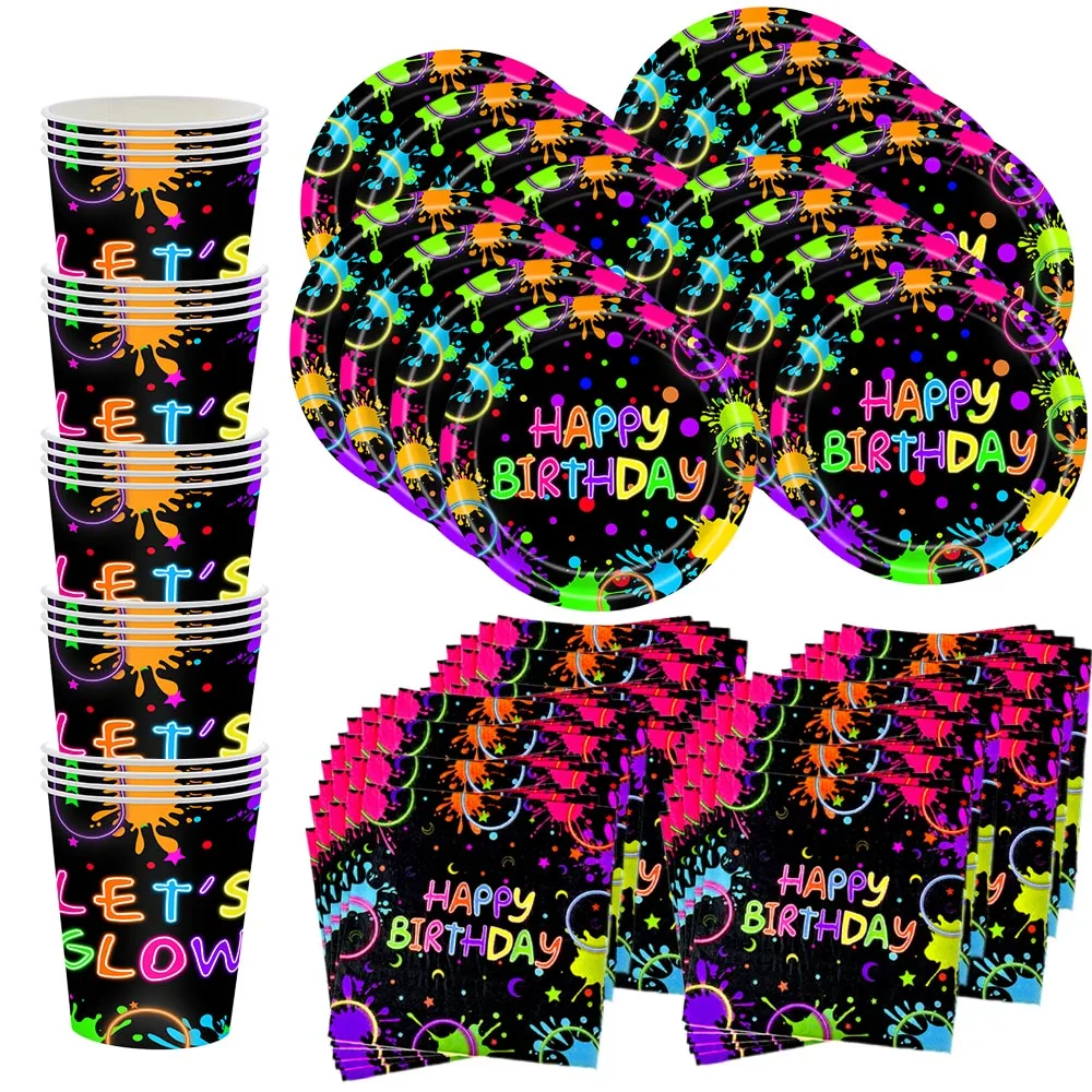 Neon Glow Birthday Party Supplies - Disposable Plates Napkins  Cups for Kids