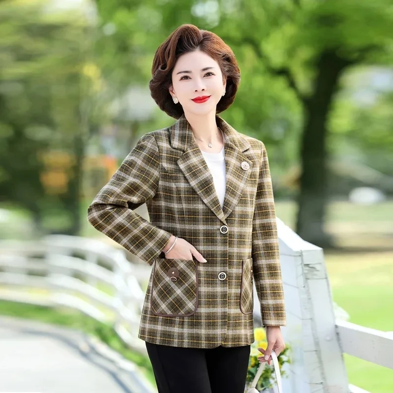 Lined Suit Woolen Short Coat Simple High-end Fashion Middle-Aged And Elderly Women Loose Casual Temperament Slim Plaid Top  Tide