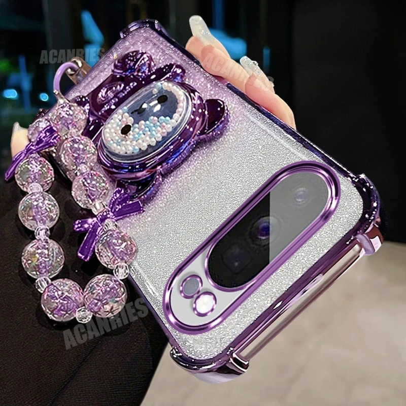 Gradient Shockproof Silicone Case with Star Bead Lanyard and Bear Holder