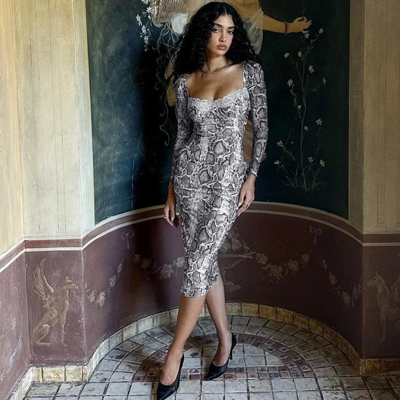 

Snake Printed Long Sleeve Bodycon Midi Dress Square Collar Lace Patchwork Sexy Hot Club Dress Women Autumn Winter