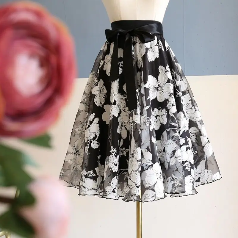 

Mesh Long Tulle Skirt Elastic Waist Elegant High Waist Ball Flower Print Tutu Skirt for Spring Autumn 2024 Loose Skirts F79