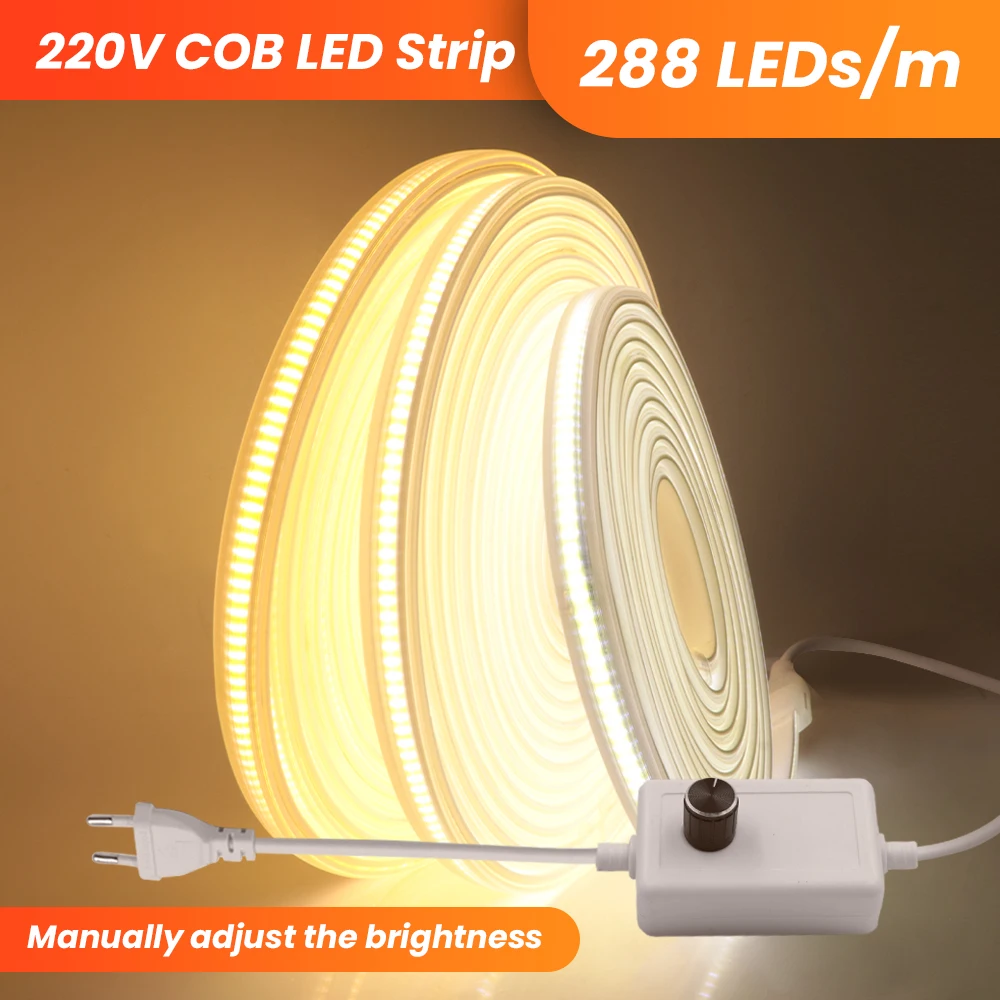 Description Picture 3 of itemDimmable COB LED Strip Light 220V 110V Super Bright Flexible COB Light with Switch Plug 288Leds/m Waterproof Outdoor LED Ribbon
