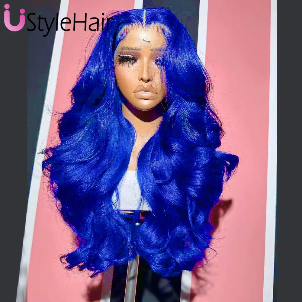 Dark Blue Lace Wig Long Body Wave Lace Front Wig Heat Resistant Synthetic Hair Side Part Solid Blue Lace Daily Use Cosplay Wig