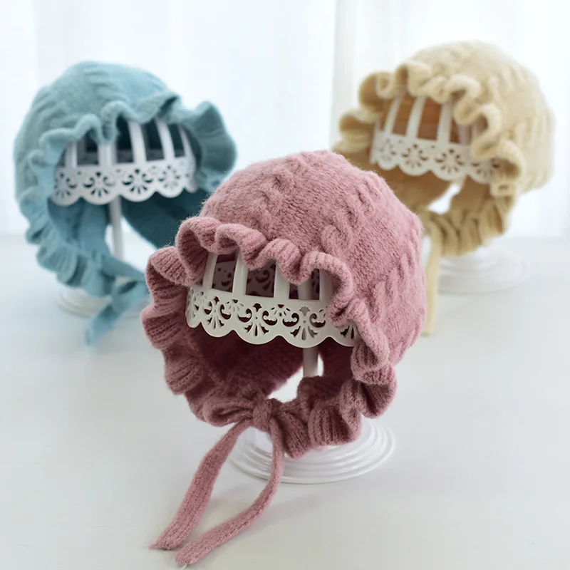 Infant Hat Winter Girl Baby Hooded Hat Autumn and Winter Ear Protection Warm Woolen Hat Lace Girls Knitted Hat 0-2Years