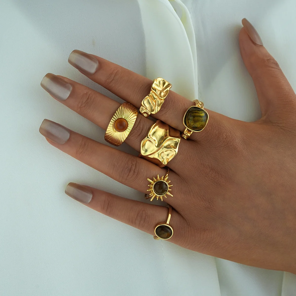 6 stücke Vintage Französisch Minimalistischen Metall Ringe Set Mode Tigerauge Stein Asymmetrische Knuckle Ring Für Frauen Täglichen Verschleiß Schmuck – Detail 2