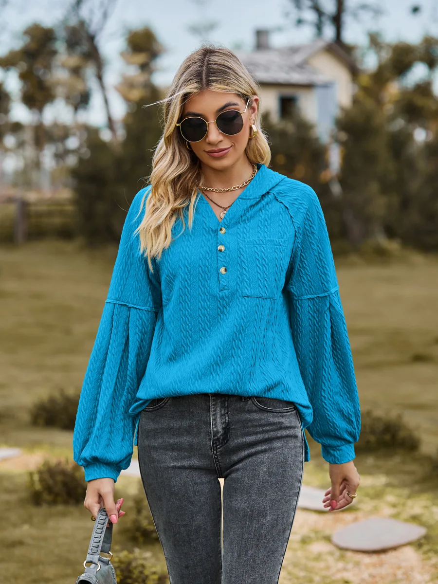 Fall/Winter 2023 New Solid Color Pocket Long Sleeve Loose Hooded Sweatshirt Woman