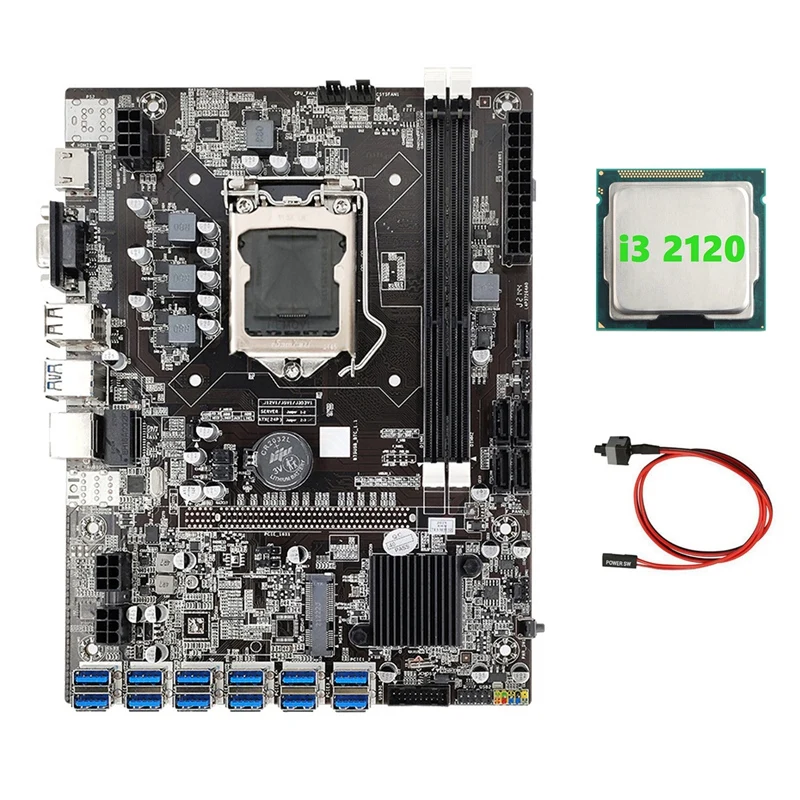 B75 ETH Mining Motherboard 12 PCIE To USB Adapter+I3 2120 CPU+Switch Cable LGA1155 MSATA DDR3 B75 USB Miner Motherboard best pc motherboard brand