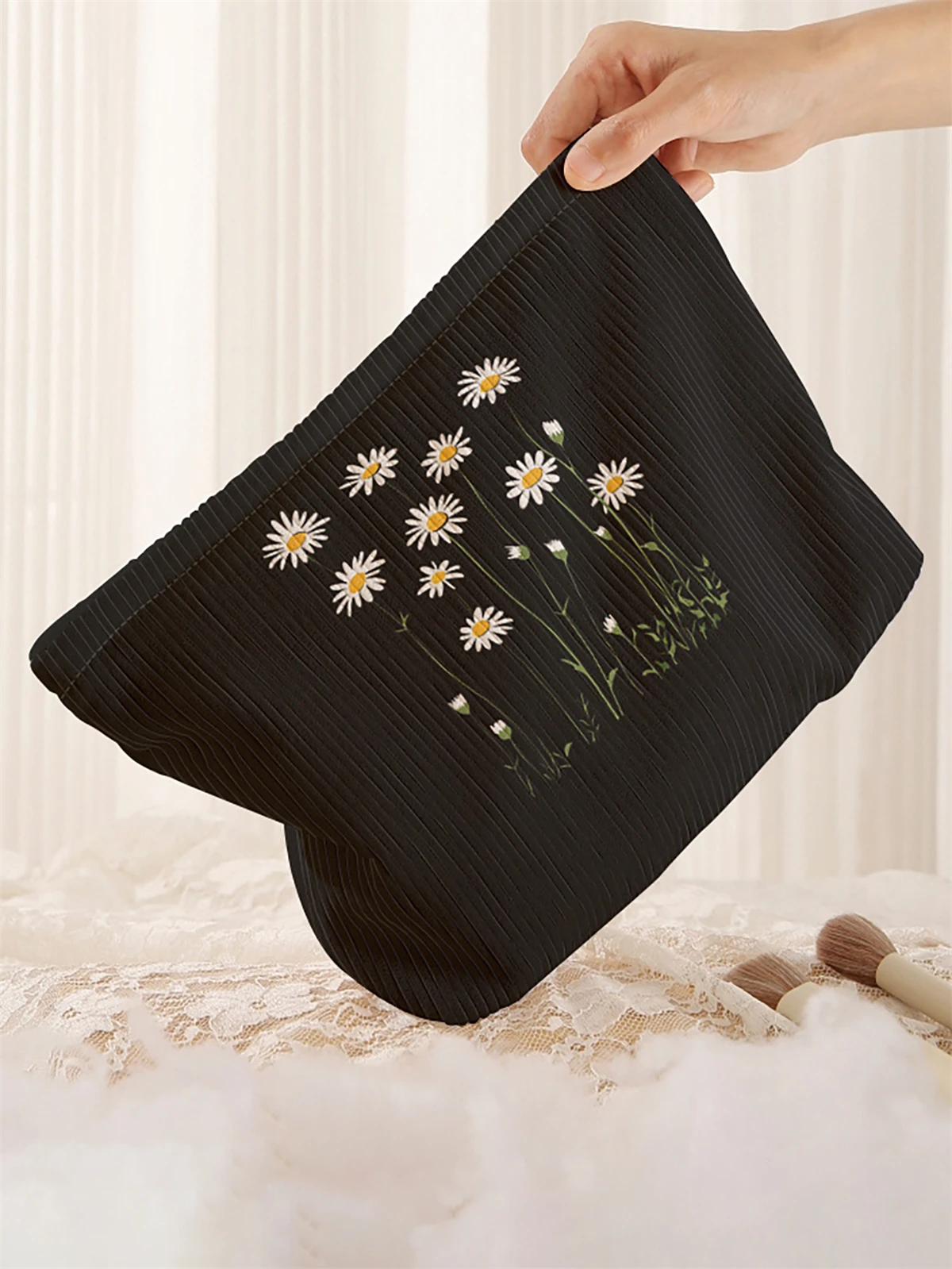 1pc daisy patterned printed corduroy makeup bag, lightweight zipper makeup storage box, multifunctional bag with lining
