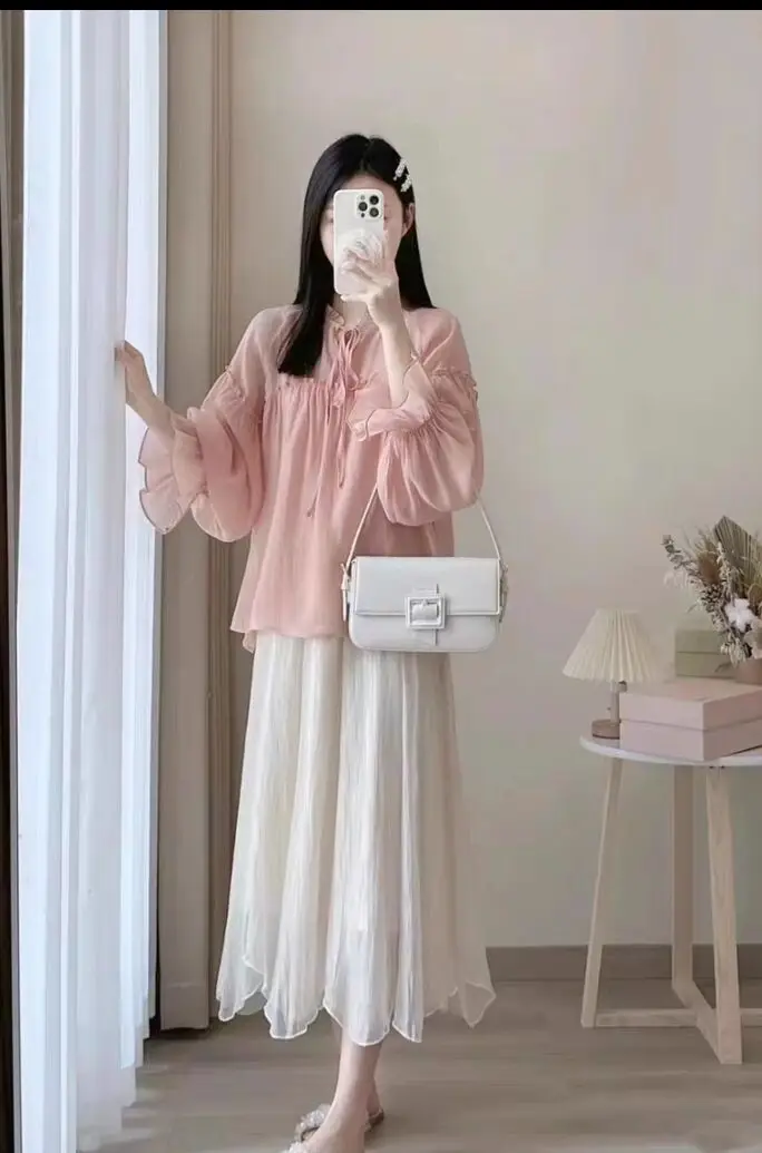 Sweet Pregnant Woman Clothes Set Autumn Long Flare Sleeve Ruffles Patchwork Shirts Belly Skirts Twinset Elegant Maternity Suits
