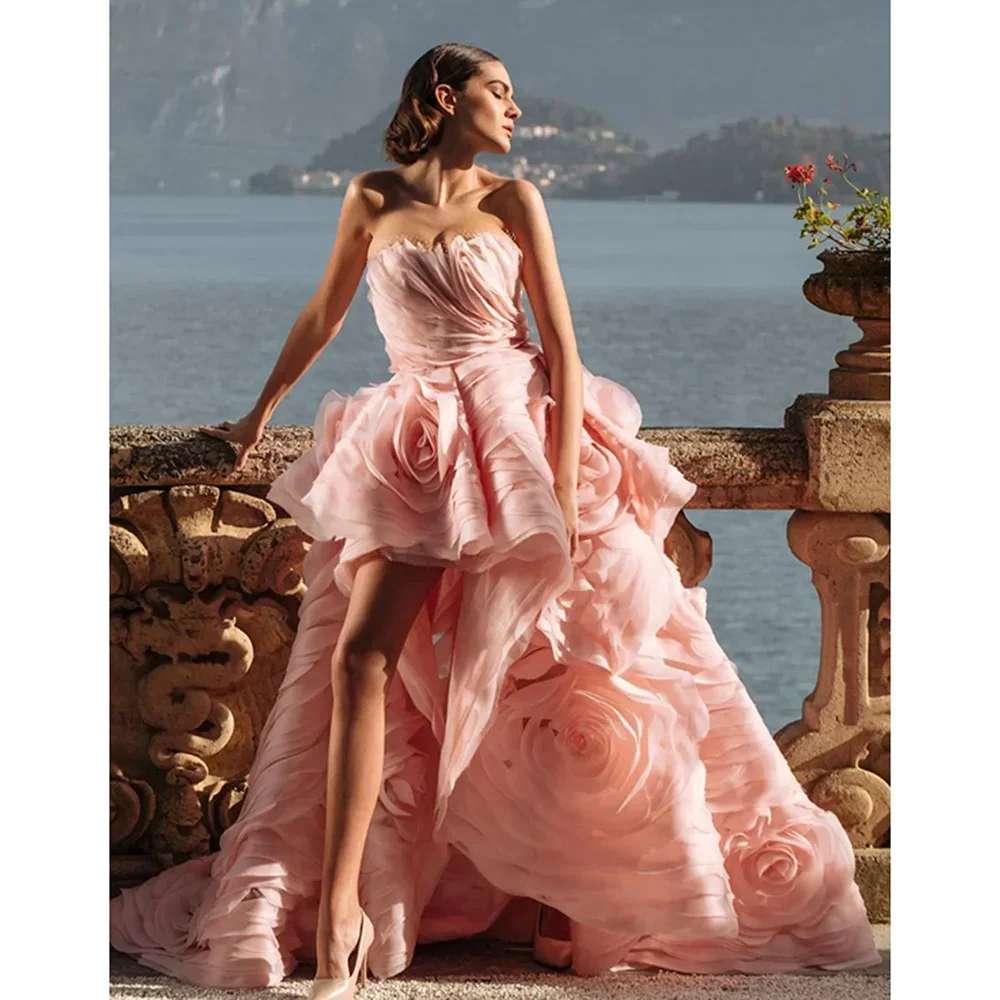 

Pink Tiered Pleat Ruched Flowers Prom Dresses Elegant Strapless Sweep Train High/Low Gowns Fashion Formal Evening Party Dress