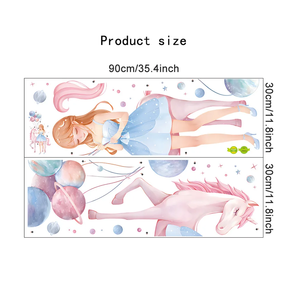 Adesivi per bambini, motivo: principessa, unicorno e castello – decorazione da parete per camera dei bambini, 1 foglio da 70 x 50 cm