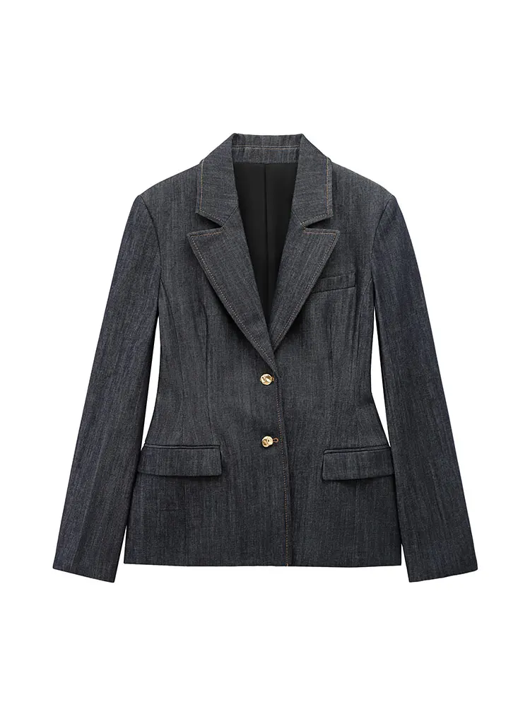 HH Women Denim Blazer Coat Single Breasted Long Sleeve Lapel Suit Jacket With Pockets Female 2025 Spring New Fashion Outwear