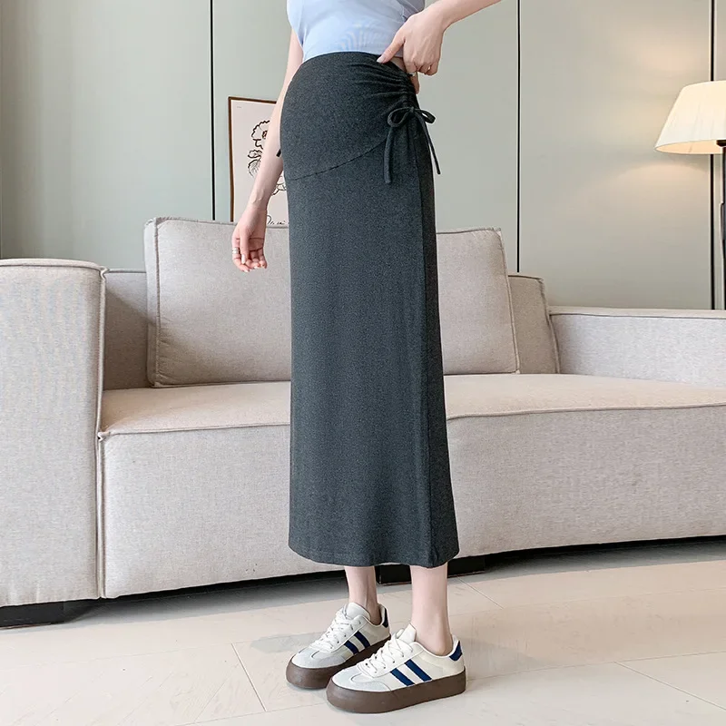 Maternity High Waist Straight Cut Thin Knitted Half Skirt with Drawstring for Summer Fashion Slimming Belly Bump Design