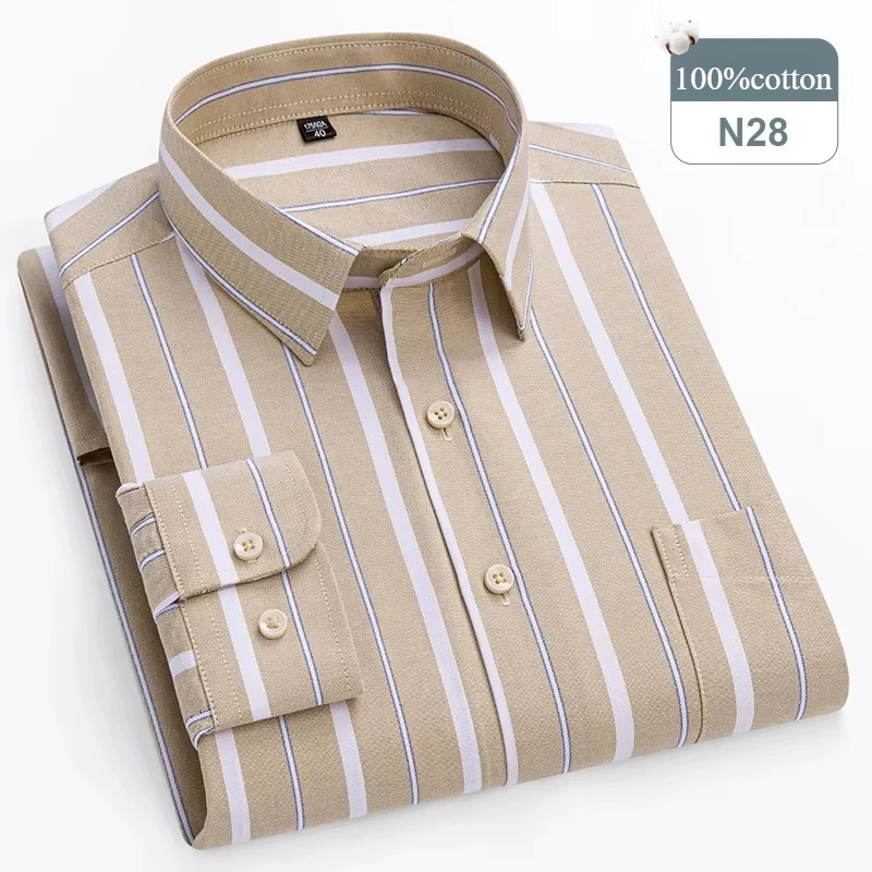 Men's Plus Size Long-Sleeve 100% Cotton Slim Fit Formal Shirt - Soft Plaid and Striped Design