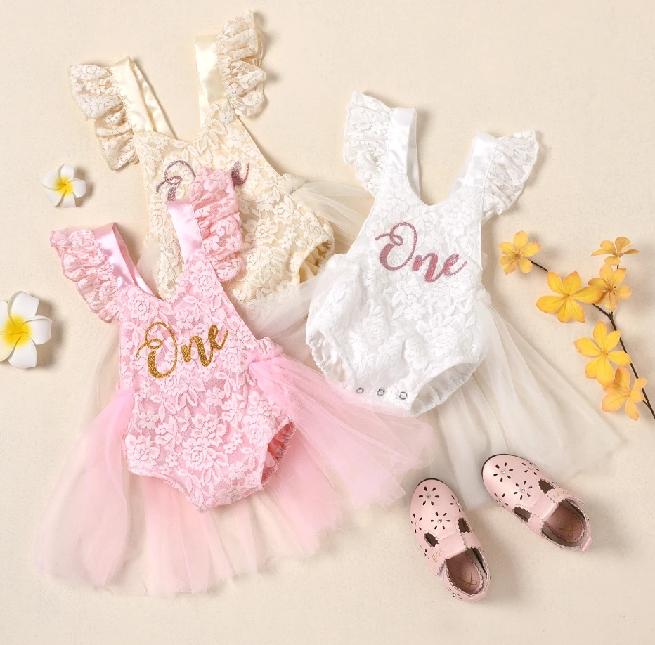 

Infant Baby Girls Birthday Romper Dress with Mesh Stitching One Letter Print Florals Lace Jumpsuits Princess Summer Costume