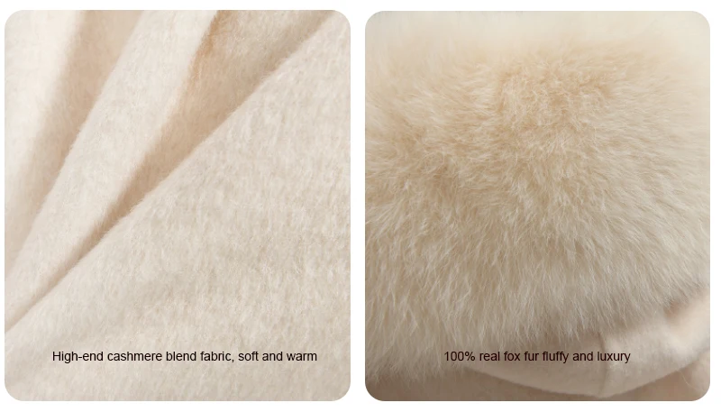 Women's cashmere wool coat with real fox fur hood - elegant front view