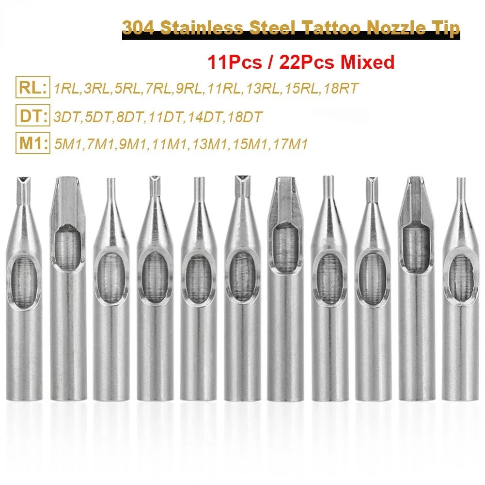 11/22Pcs RL DT M1 Mixed Stainless Steel Tattoo Tips Kit Assorted Tattoo Machine Gun Needle Nozzle Tubes Accessories Supply