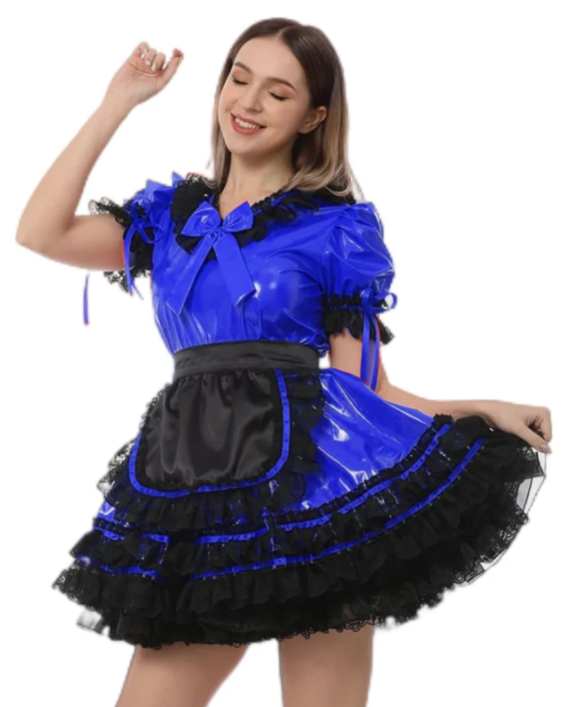 

French Maid Adult Giant Baby Sexy Girl Blue PVC Sissy Short Skirt Black Lace Trimmed Satin Apron Bow Decorated Ball Dress