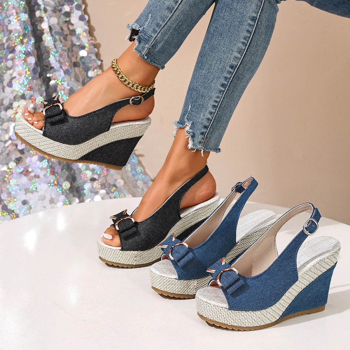Comfortable Retro Women's Leather Wedge Platform Sandals Black_voghion.com