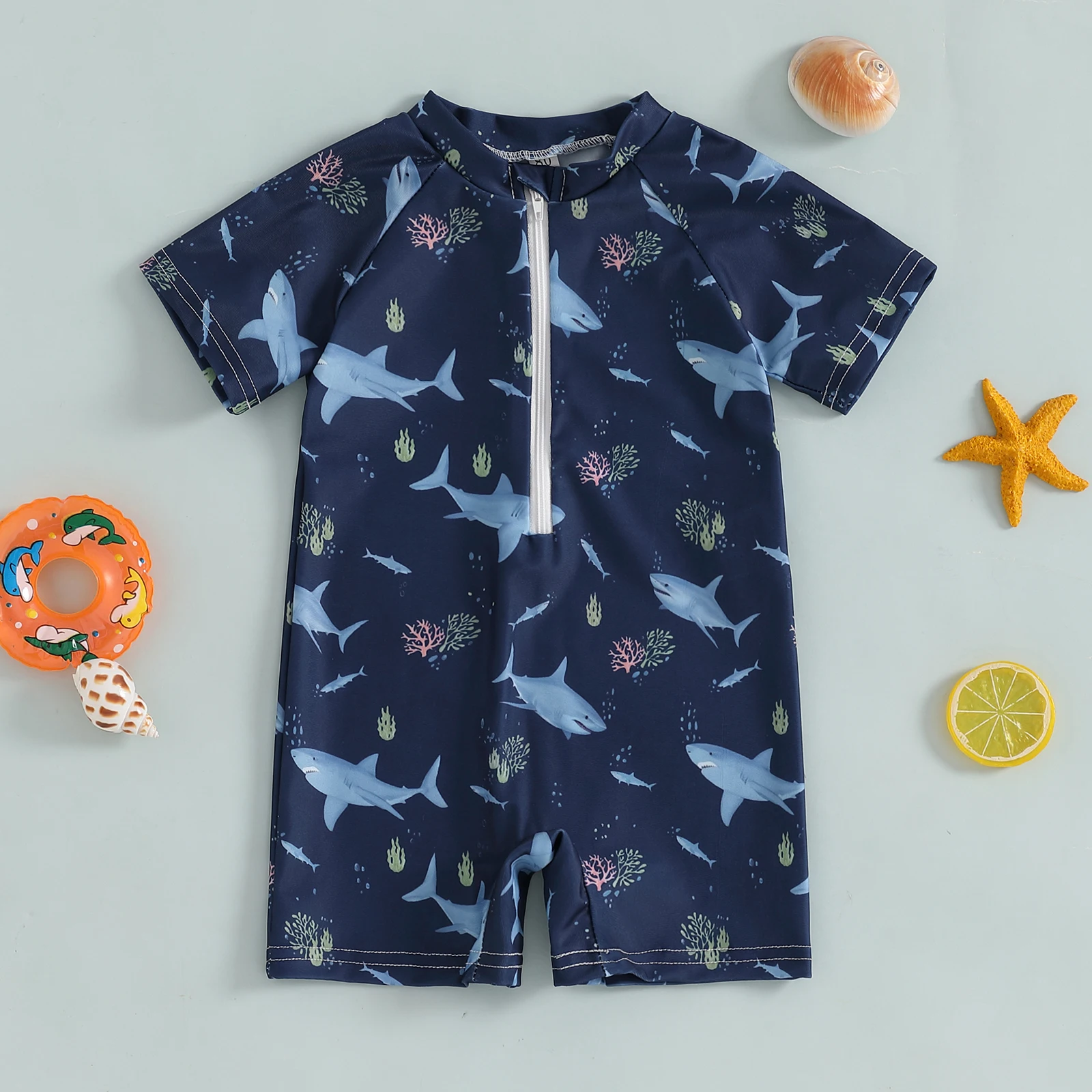 Toddler Shark Print Swimsuit Summer Baby Boy Girl Zip Up Rash Guard Short Sleeve Mock Neck Swimwear Infant Bathing Suit