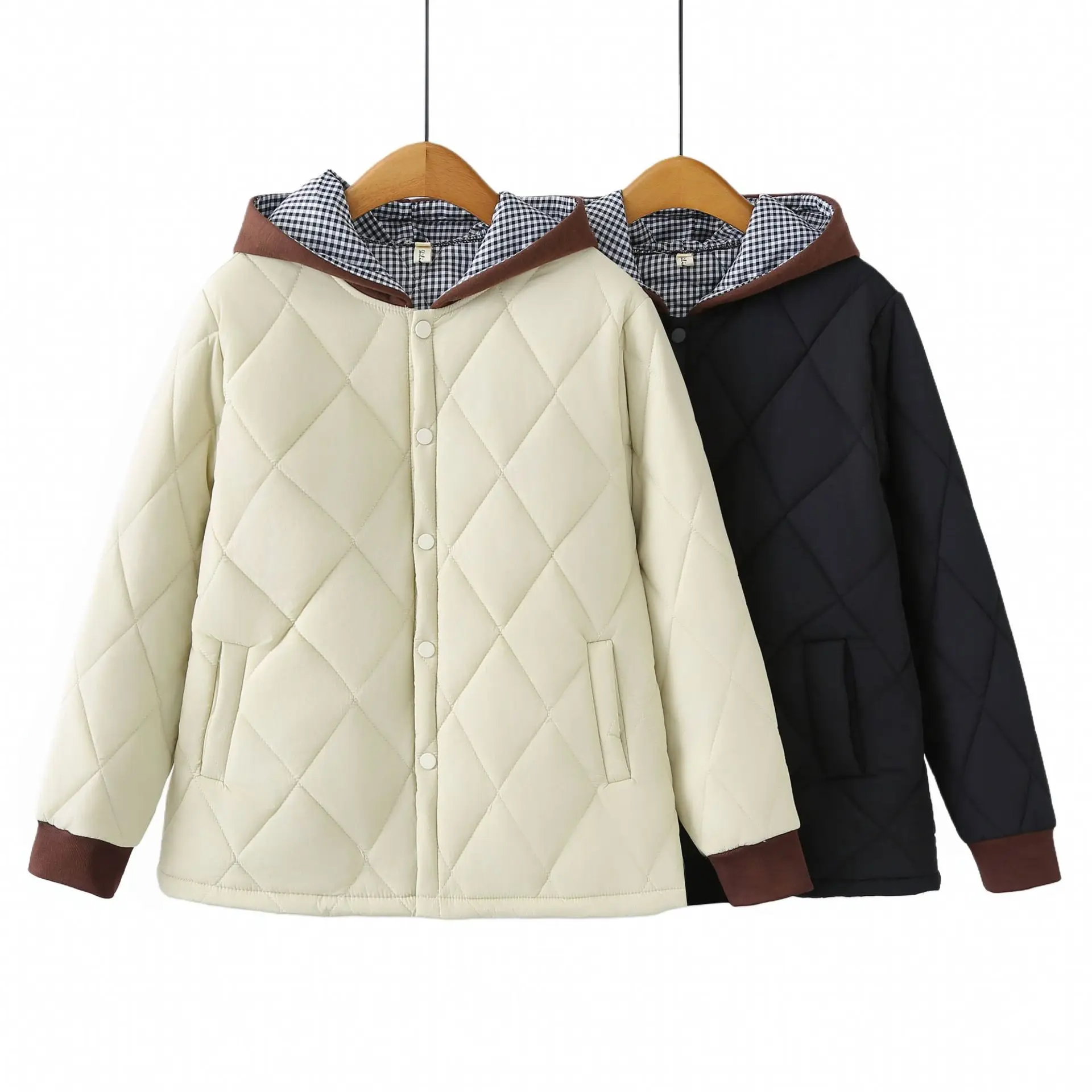 XXXXL Fashion Plus Size Women's Parkas Winter Simple And Retro Color Blocking Argyle Hooded Padded Jacket Casual Warm Coats 2519